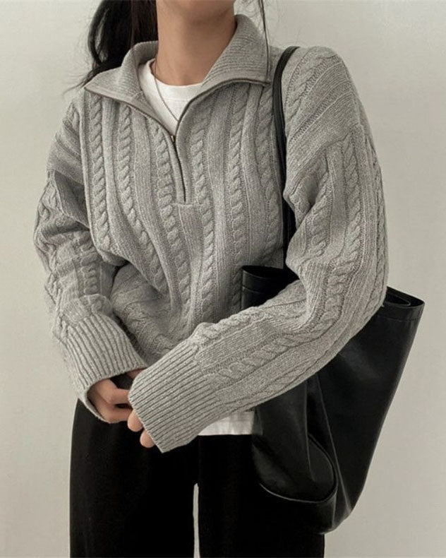 W&W Mode Vintage Rollkragen Reißverschluss Twist Strickpullover