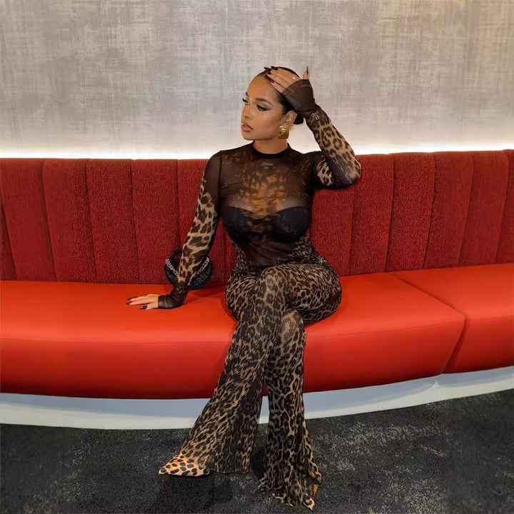 W&W Mode | Leopard-Print Langarm-Top und Hosen-Set