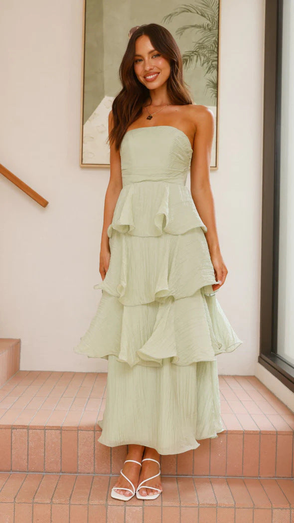 W&W Mode | Strapless Tiered Kleid Rückenfreies Schichten Design Eleganter Fließender Schnitt