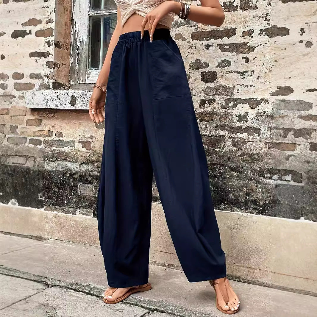 Damen weite Leinenhose mit elastischem Taillenbund und Seitentaschen W&W Mode