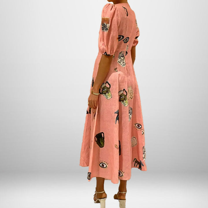 Damen Maxikleid mit künstlerischem Motiv und voluminösen Ärmeln W&W Mode