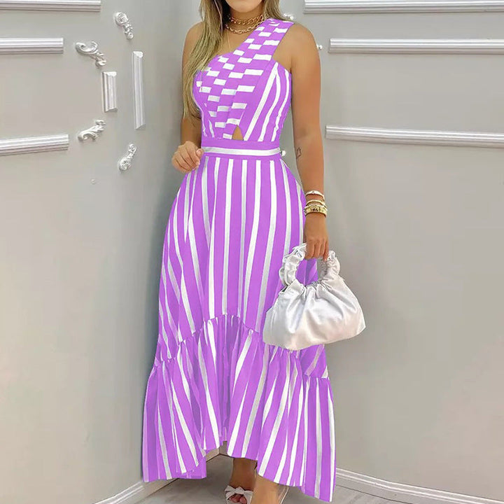 Damen Maxikleid mit asymmetrischem Saum und verspieltem Streifenmuster W&W Mode