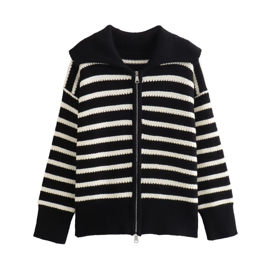 Damen gestreifte Strickjacke mit modernem Reißverschluss W&W Mode