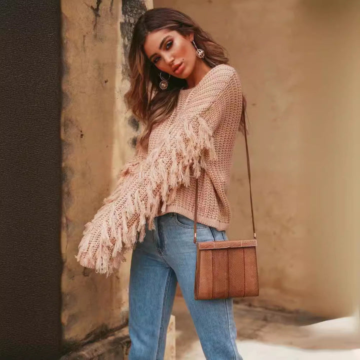 Damen Grobstrickpullover mit fransigen Ärmeln und gemütlichem Schnitt W&W Mode