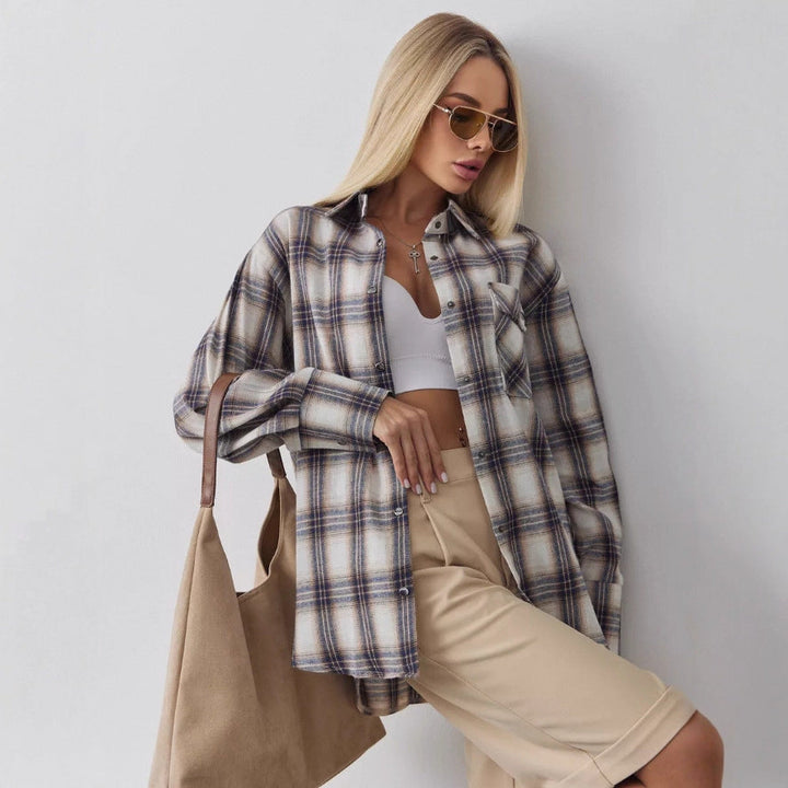 Damen oversized Karohemd mit Brusttasche und knöpfbarem Design W&W Mode