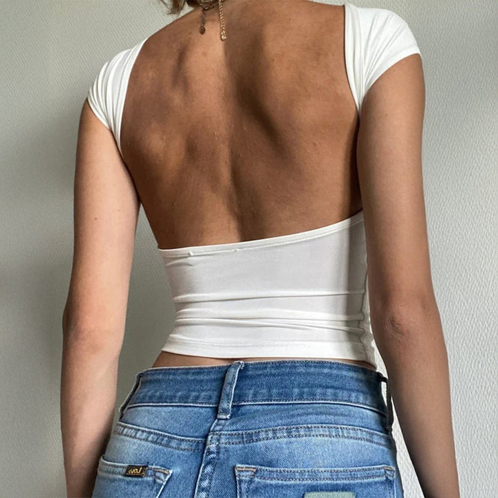 Damen körpernahes Top mit U-Ausschnitt und kurzen Ärmeln W&W Mode