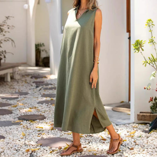 Damen ärmelloses Maxikleid mit tiefem V-Ausschnitt und seitlichen Schlitzen W&W Mode