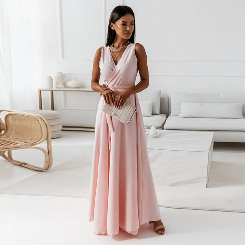 Elegantes Maxikleid für Damen – Ärmelloses V-Ausschnitt Abendkleid in Uni-Farben, Langes Kleid für Hochzeit & Sommerfeste