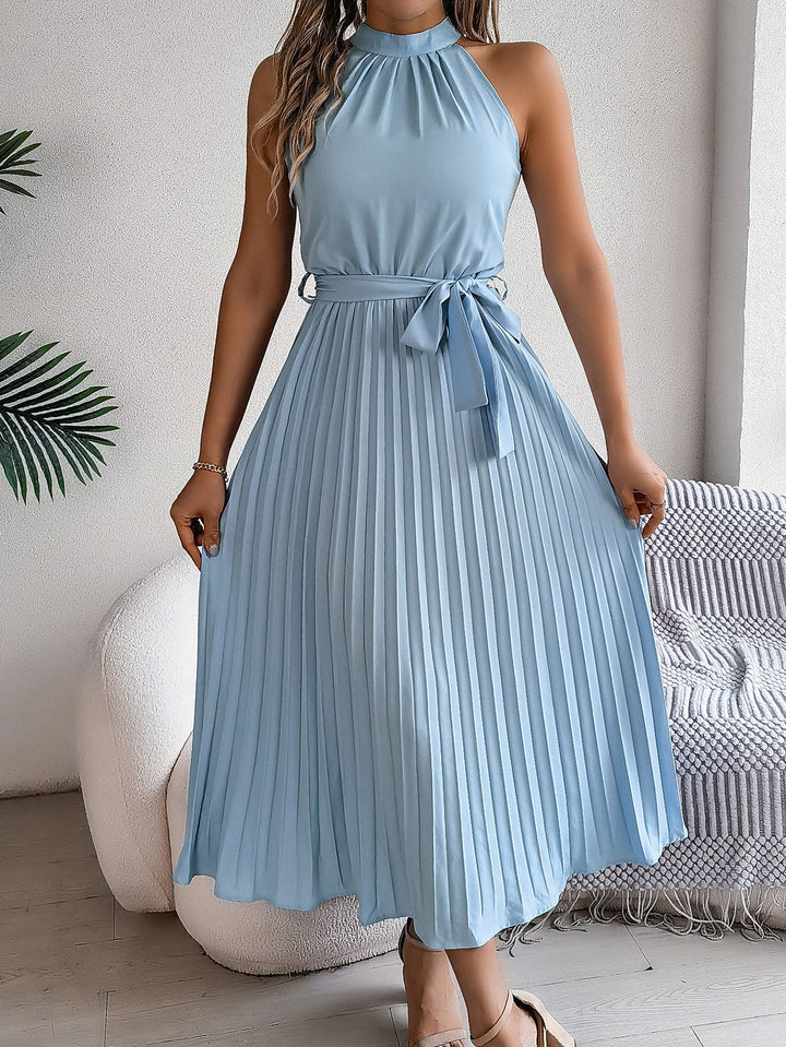 W&W Mode | Frühling Elegante Stehkragen Taille-betonte Falten Maxi Kleid