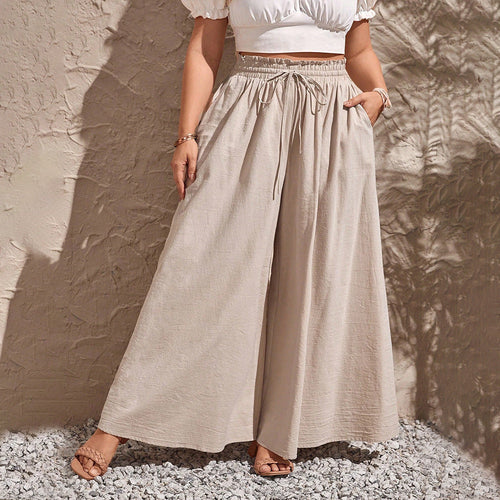 Damen weite Leinenhose mit elastischem Bund und seitlichen Taschen W&W Mode