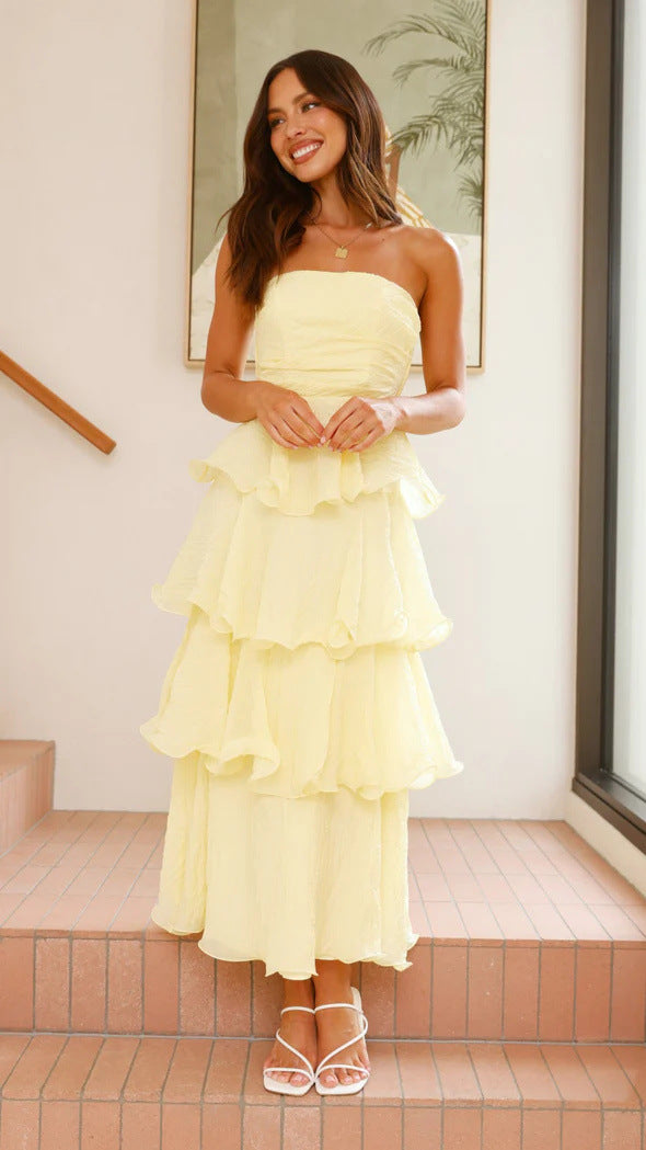 W&W Mode | Strapless Tiered Kleid Rückenfreies Schichten Design Eleganter Fließender Schnitt