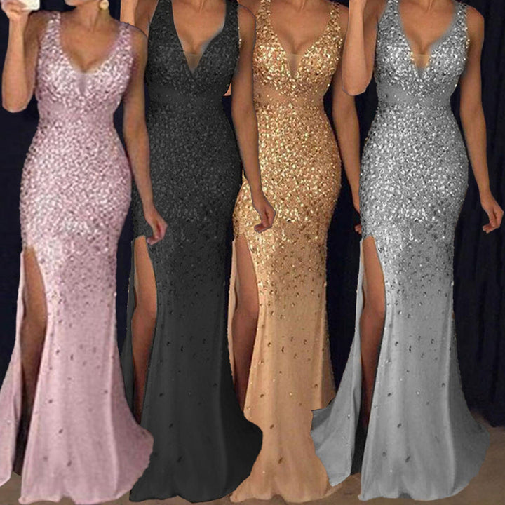 Damen Funkelndes Abendkleid mit tiefem V-Ausschnitt und seitlichem Schlitz W&W Mode