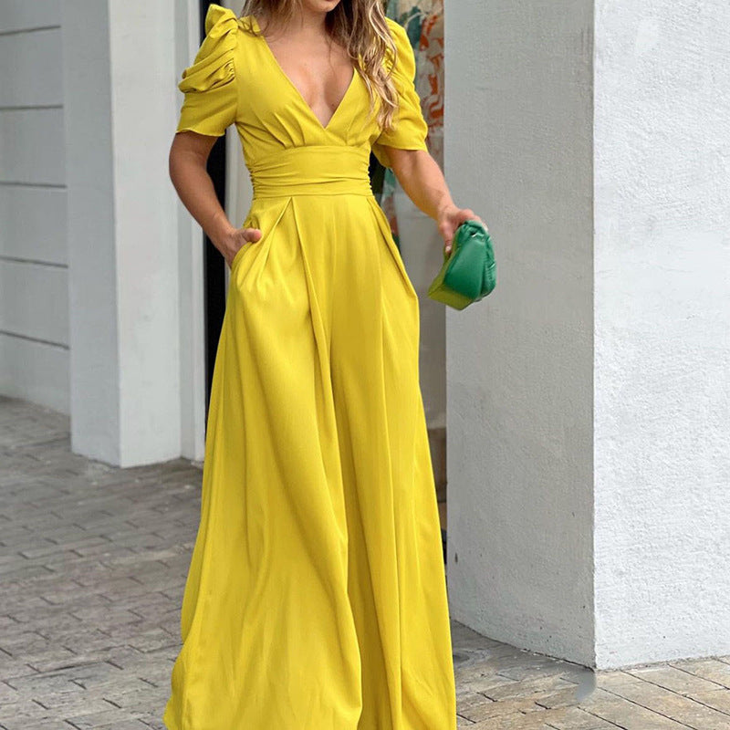 Damen Puffärmel Jumpsuit mit tiefem V-Ausschnitt und weiten Beinen W&W Mode
