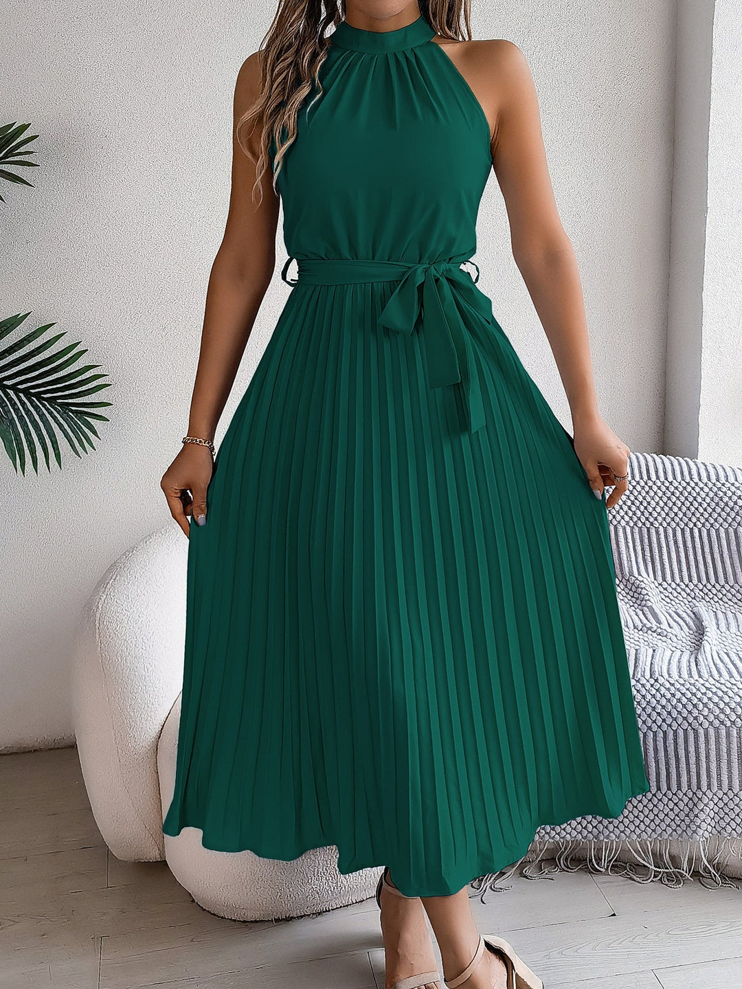 W&W Mode | Frühling Elegante Stehkragen Taille-betonte Falten Maxi Kleid
