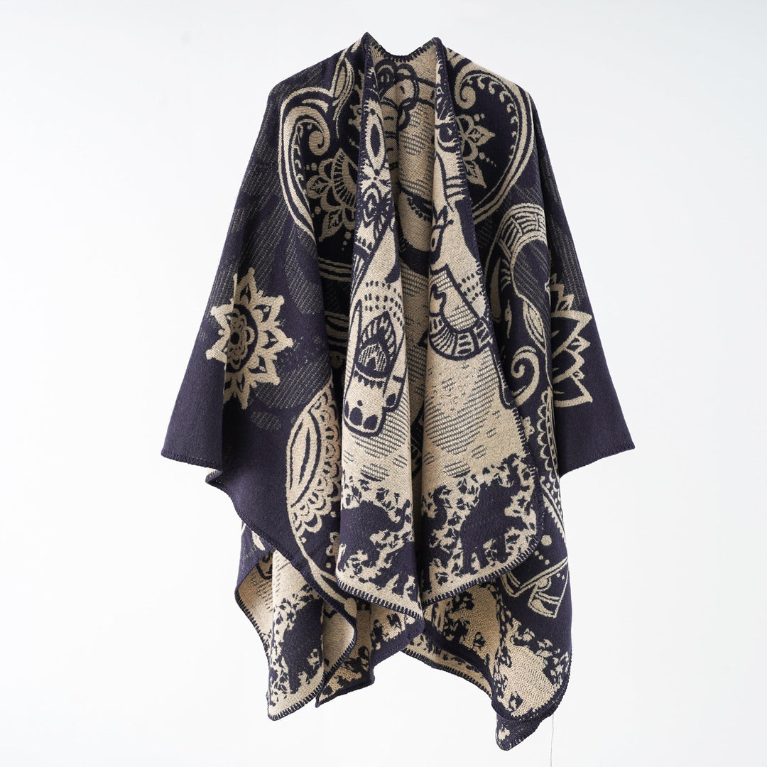 Damen eleganter Übergang-Poncho mit kunstvollem floralen Muster und fransigen Abschlüssen W&W Mode