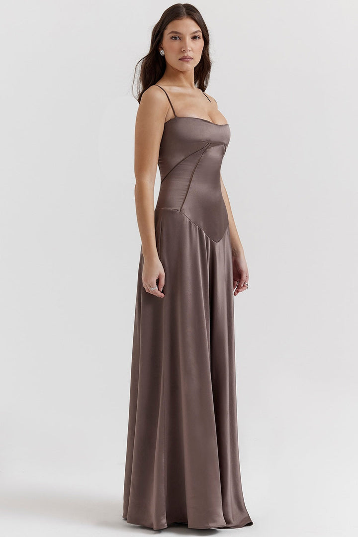 W&W Mode | Abendkleid Satin Glanz Spaghetti Träger Rückenfrei Schmaler Schnitt Elegantes Kleid