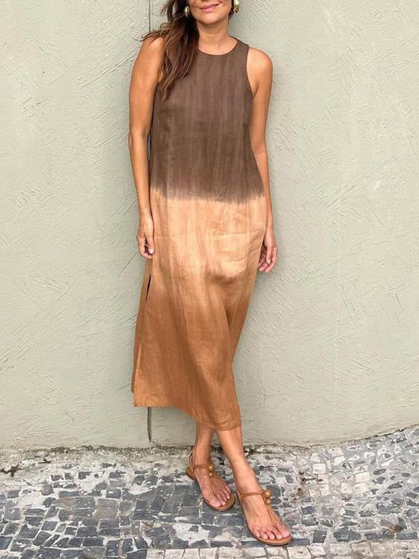 W&W Mode | Baumwolle Leinen Ärmelloses Schlitz Gradient Kleid