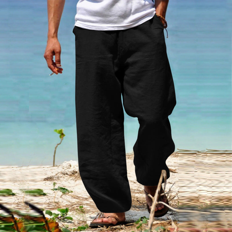 Herren lässige Leinenhose mit weitem Schnitt und elastischem Bund W&W Mode