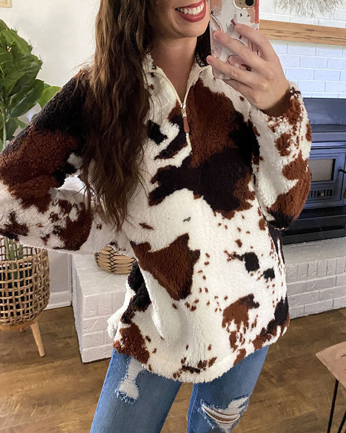 W&W Mode Kuhmuster Polar Fleece Reißverschluss Sweatshirt