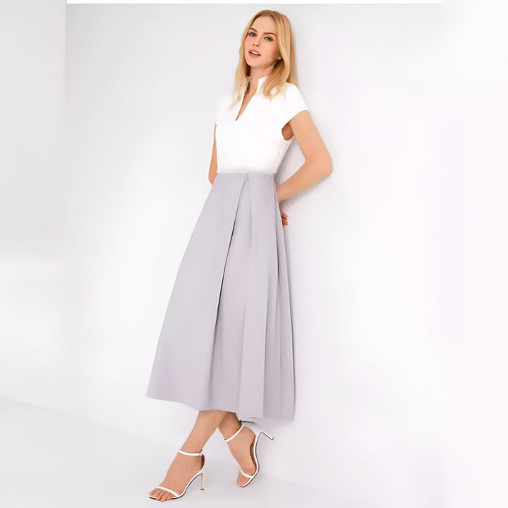 W&W Mode | Weißes Farbblock V-Ausschnitt Ausgestellt Sommerkleid