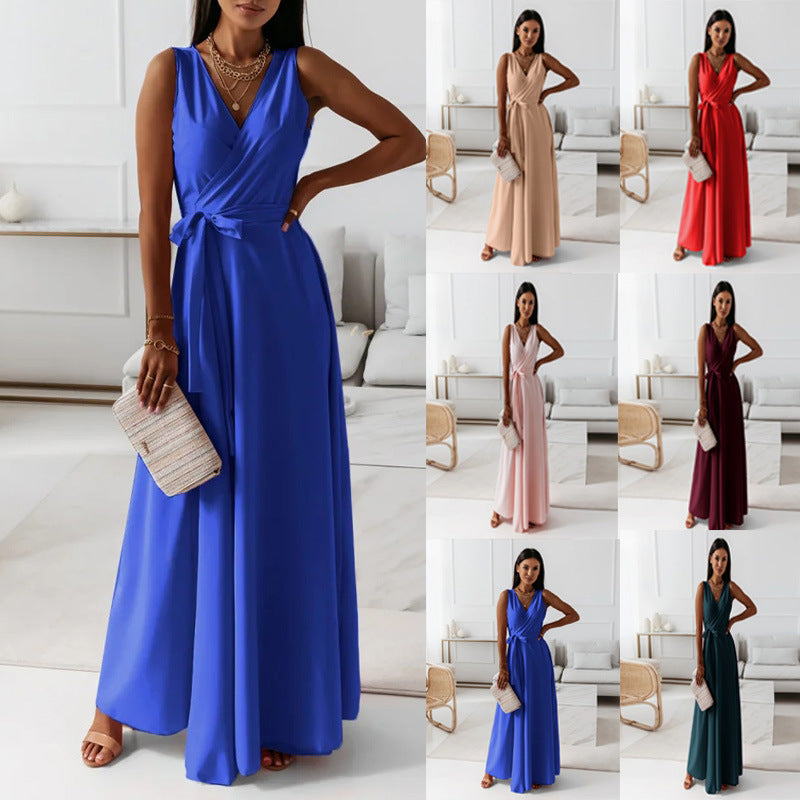 W&W Mode | Bequemes einfarbiges V-Ausschnitt Abendlangen Kleid