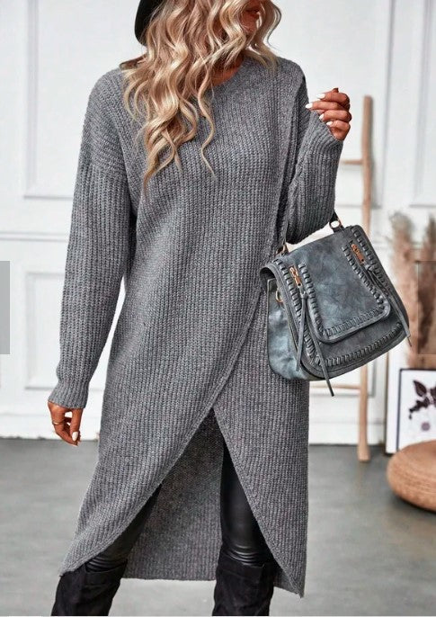 W&W Mode Graue asymmetrische Saum Langarm-Cardigan-Kleid