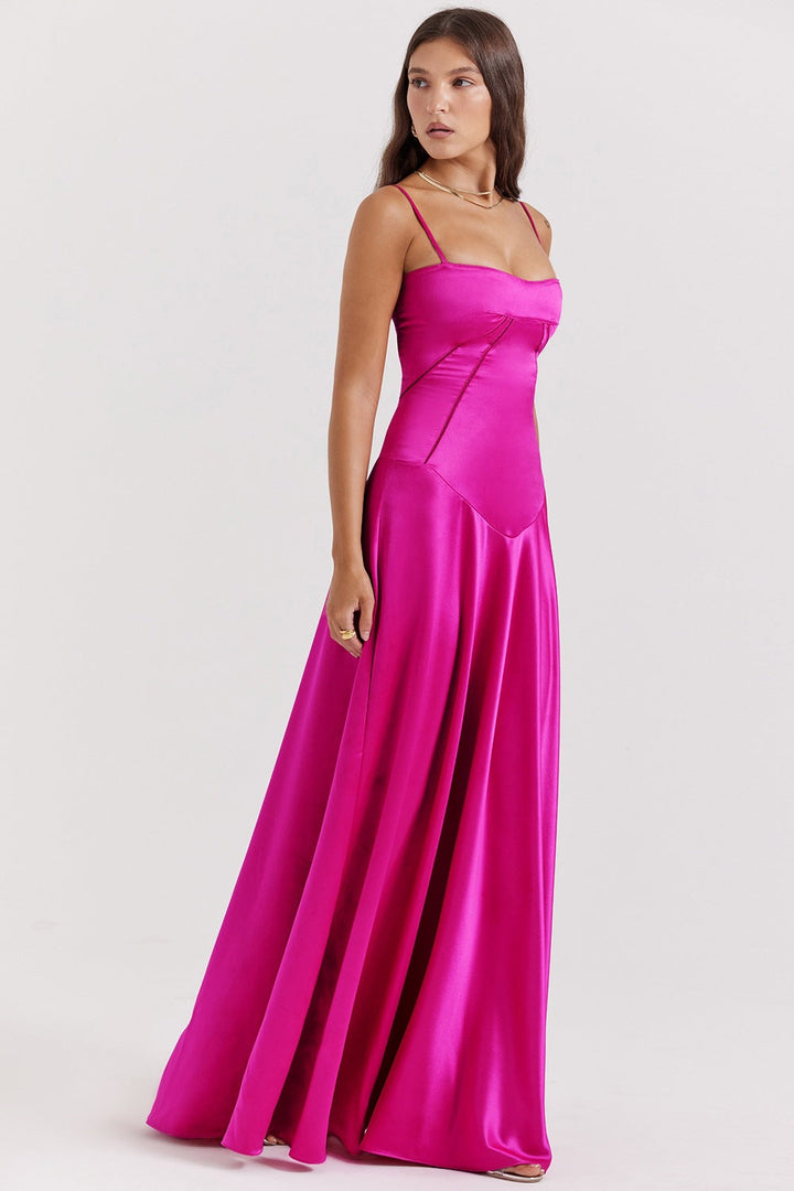 W&W Mode | Abendkleid Satin Glanz Spaghetti Träger Rückenfrei Schmaler Schnitt Elegantes Kleid