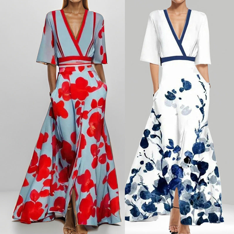 W&W Mode | Elegantes V-Ausschnitt Bedrucktes Taillenkleid mit Schößchen