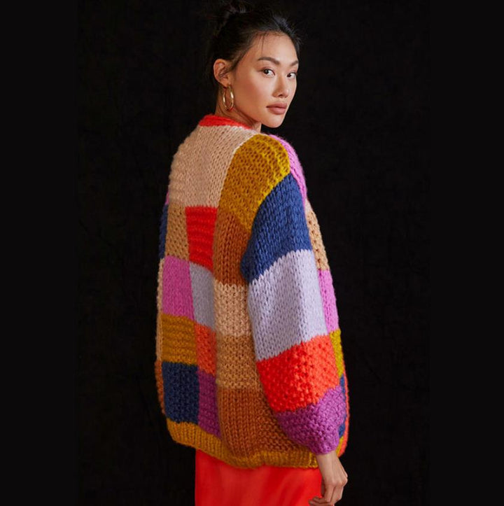 Damen Grobstrick-Cardigan mit buntem Patchwork-Design W&W Mode
