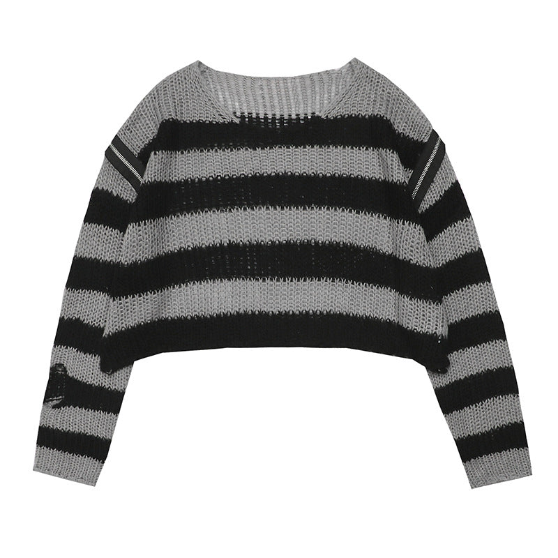 Damen lässiger Cropped Strickpullover mit Streifenmuster W&W Mode