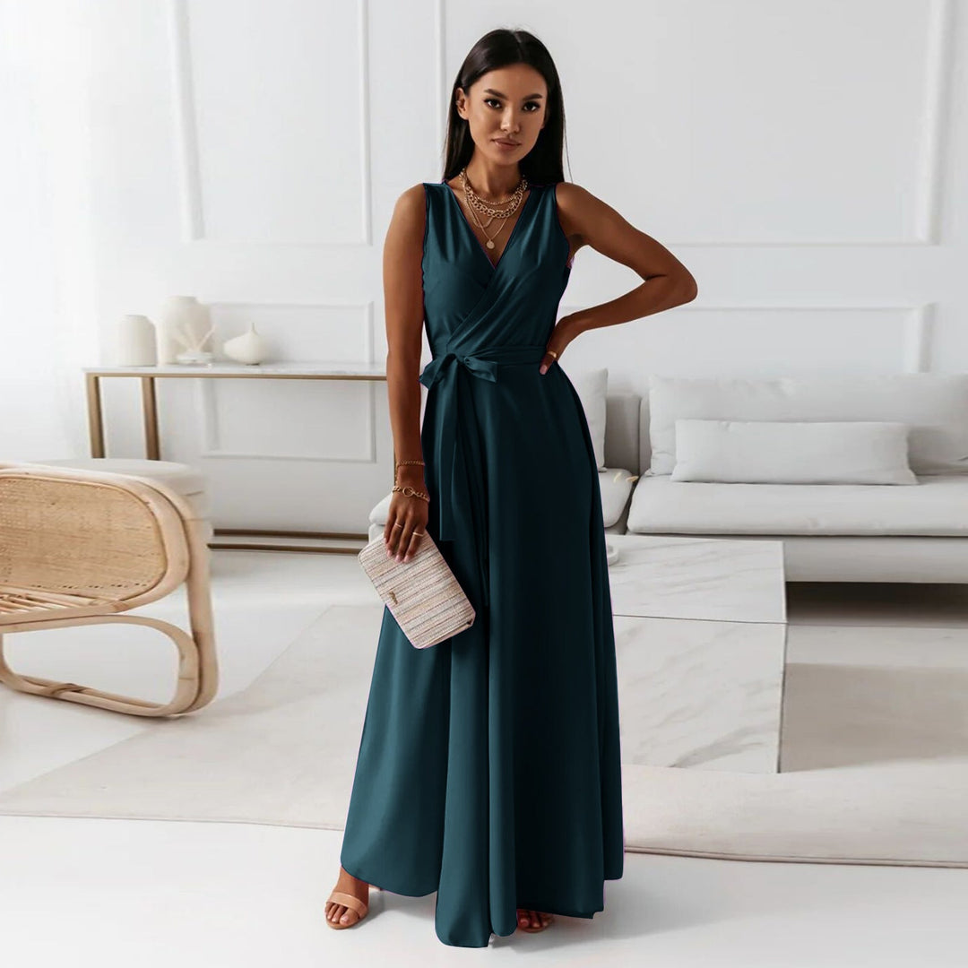 W&W Mode | Bequemes einfarbiges V-Ausschnitt Abendlangen Kleid