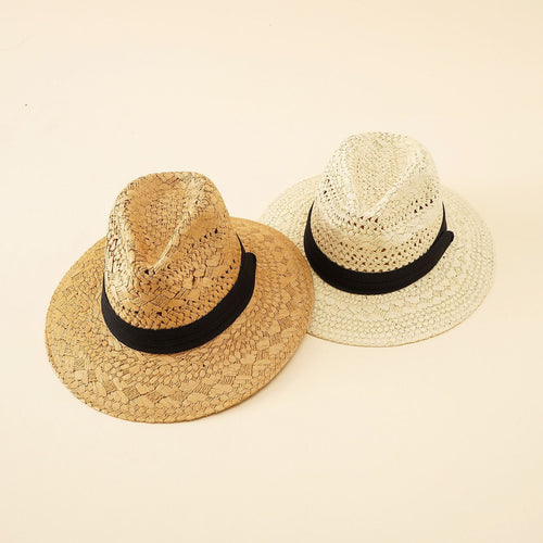 Damen Strohhut im klassischen Fedora-Stil mit breiter Krempe und elegantem Band W&W Mode