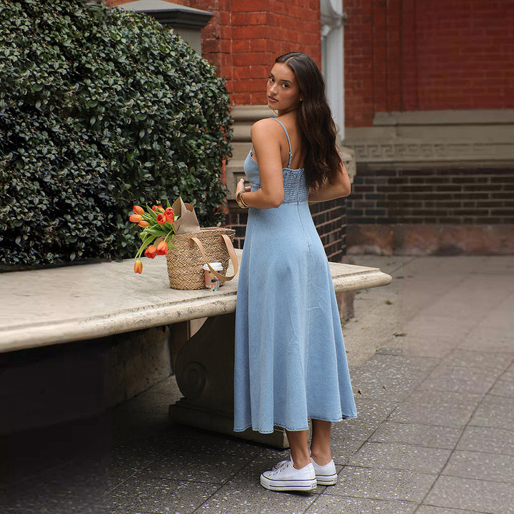 Damen Denim-Maxikleid mit schickem Trägerdesign und fließendem Schnitt W&W Mode