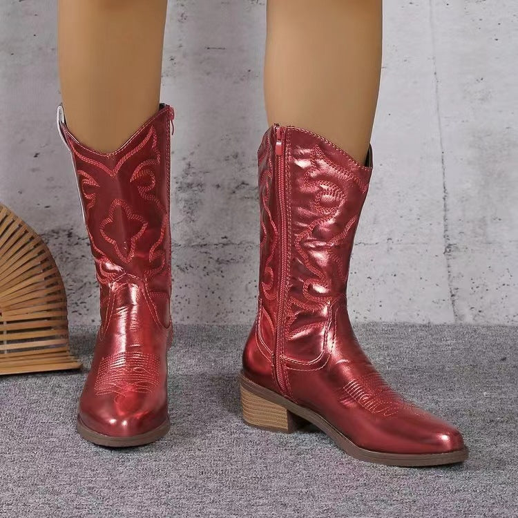 Damen Cowboystiefel mit raffiniertem Muster und stabilen Blockabsatz W&W Mode