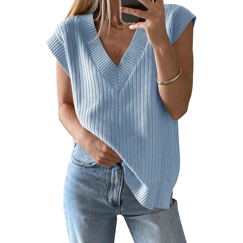 Damen lässiges V-Ausschnitt Oberteil aus Rippstrickmaterial W&W Mode