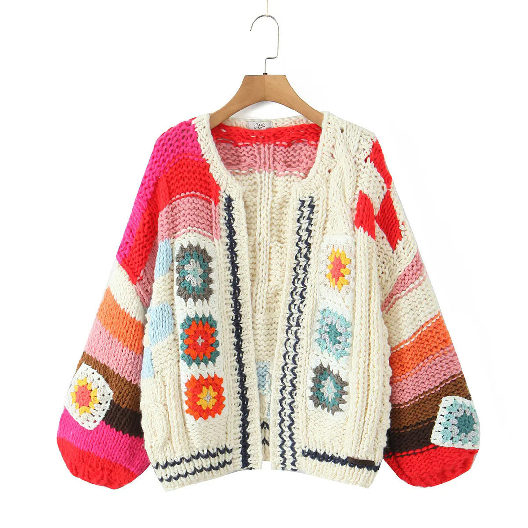Damen Strickjacke im kreativen Patchwork-Design mit weitem Schnitt W&W Mode