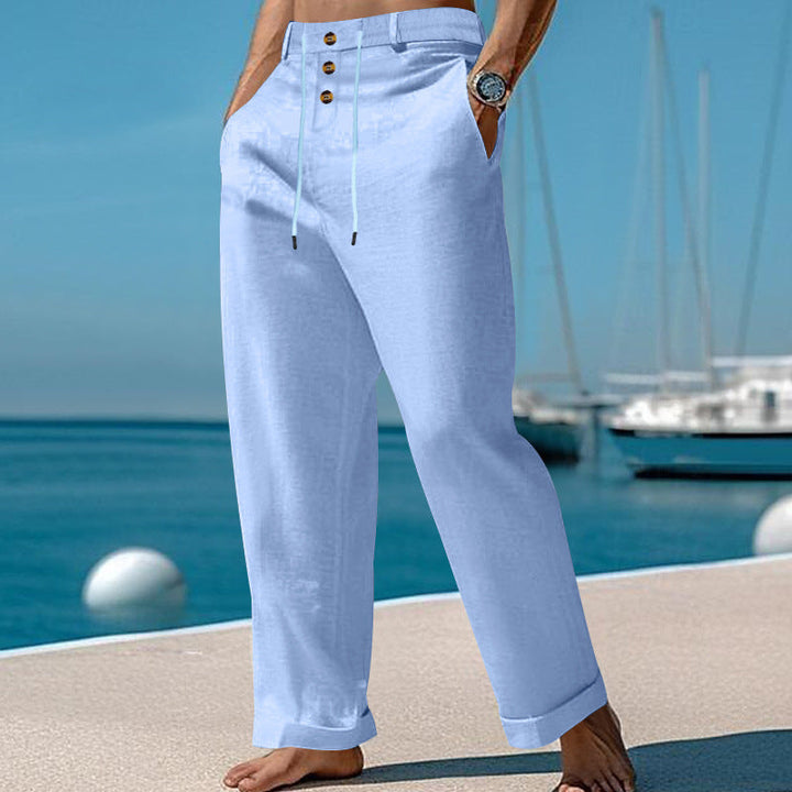 Herren nan weite Sommerhose aus Leinen-Baumwollmix mit dreifach-Knopfleiste, Tunnelzugbund und Umschlagsaum W&W Mode