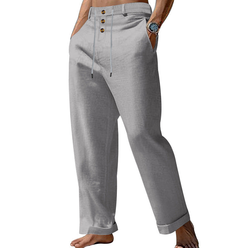 Herren nan weite Sommerhose aus Leinen-Baumwollmix mit dreifach-Knopfleiste, Tunnelzugbund und Umschlagsaum W&W Mode