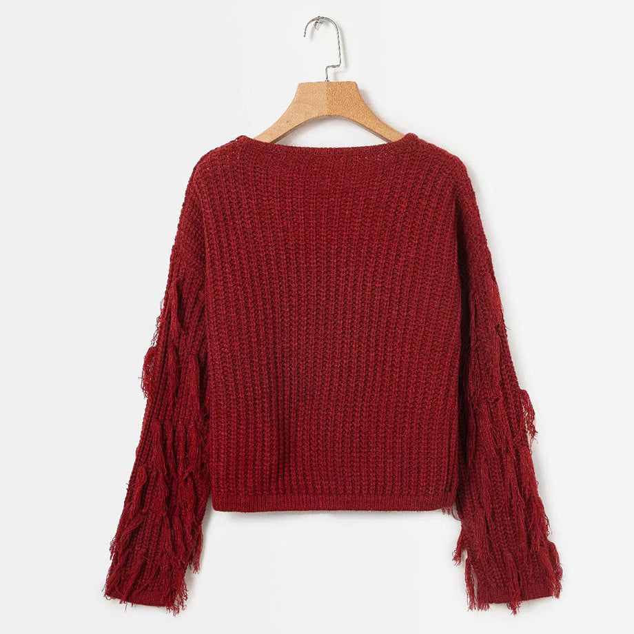 Damen Grobstrickpullover mit fransigen Ärmeln W&W Mode