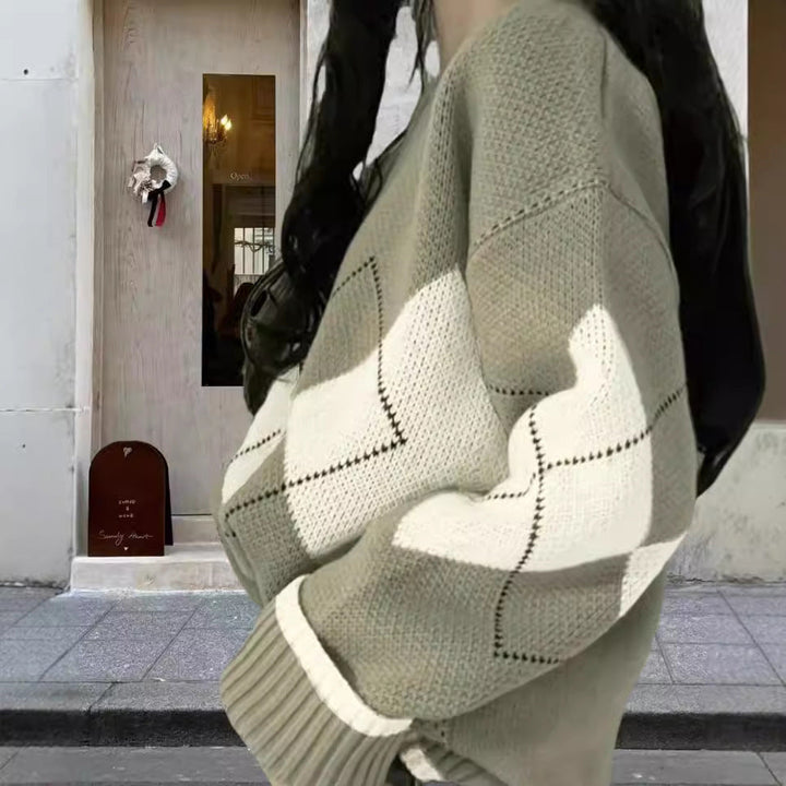 Damen Grobstrickpullover mit modernen Rautenmustern und weitem Schnitt W&W Mode