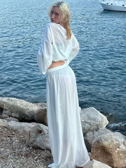Damen luftiges Off-Shoulder Jumpsuit mit weiten Ärmeln und anpassbarem Bund W&W Mode