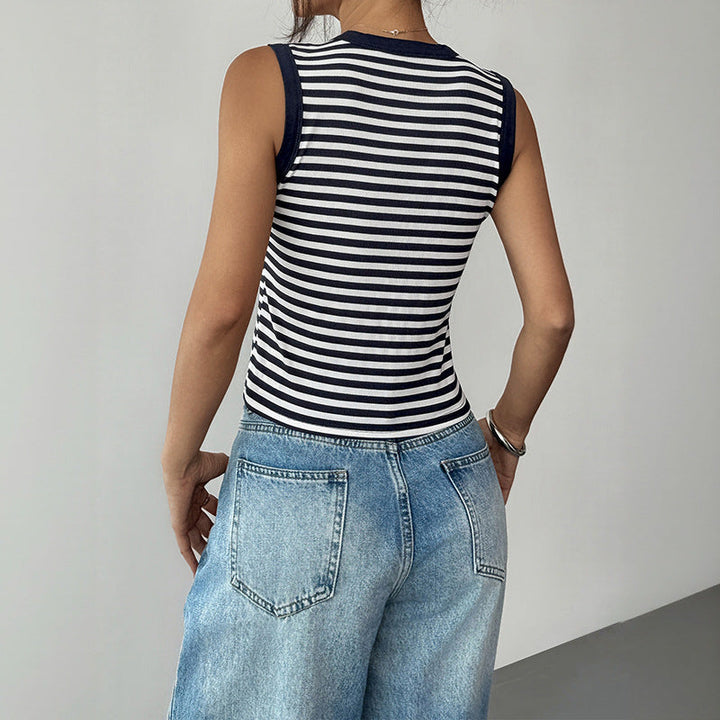 Damen ärmelloses Oberteil mit Knopfleiste und modernen Streifen W&W Mode