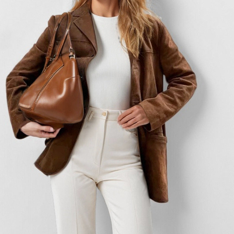 Damen Eleganter Blazer aus weichem Wildlederimitat mit schmalem Schnitt W&W Mode