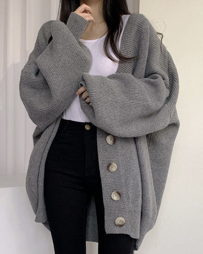 W&W Mode V-Ausschnitt einreihig lockerer Laternenärmel Strickcardigan