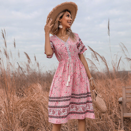Damen Boho-Style Kleider mit Stickdetails und Taillenzugbund W&W Mode
