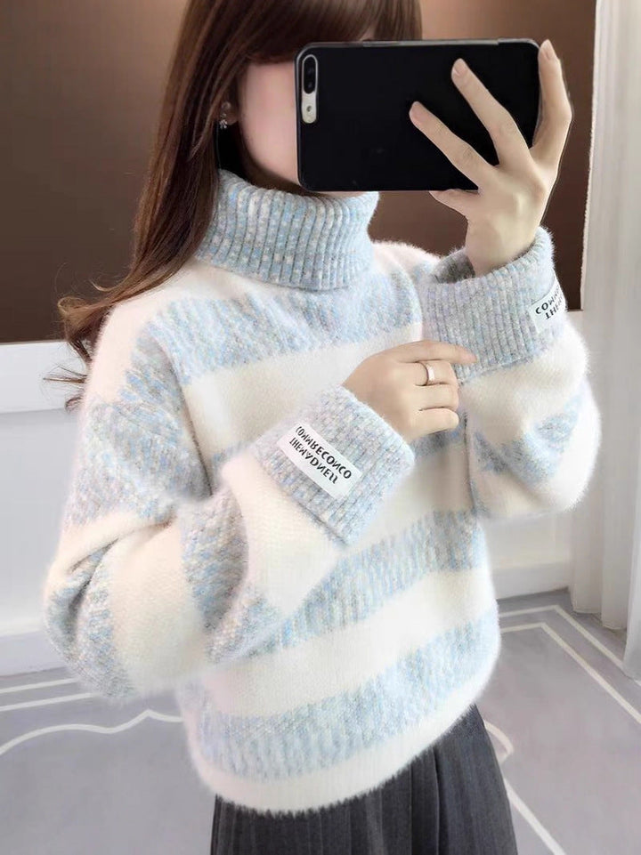 W&W Mode | Gestreifter Rollkragen Strickpullover Für Frauen