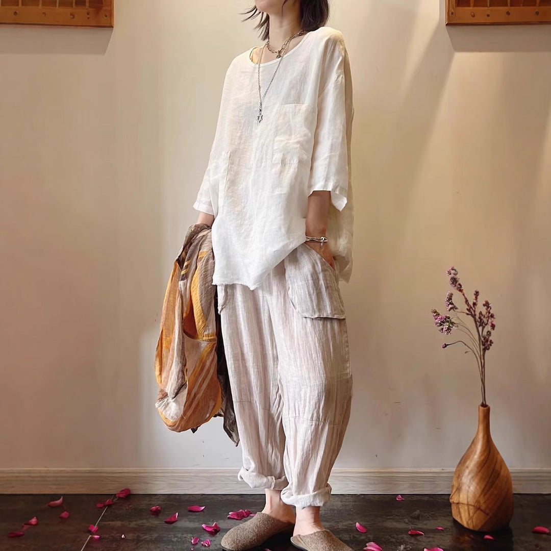 Damen Relaxed Fit Leinen Tunika mit aufgesetzten Taschen W&W Mode