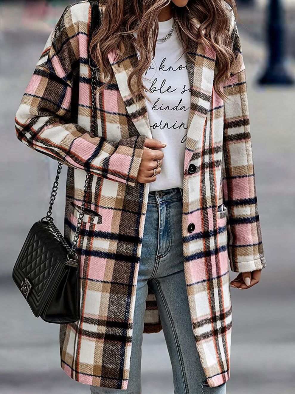 Damen Karierte Longjacke mit Kapuze und Taschen W&W Mode