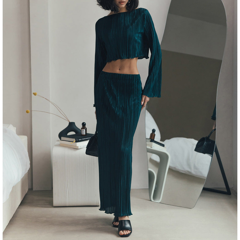 Damen Plissiertes Zweiteiler-Set mit langem Rock und cropped Oberteil W&W Mode