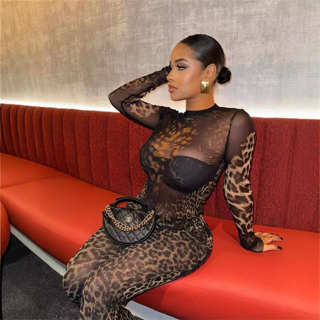 W&W Mode | Leopard-Print Langarm-Top und Hosen-Set
